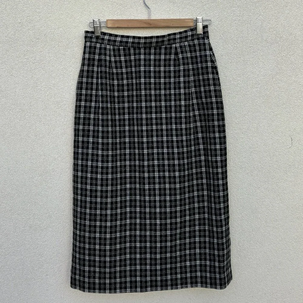 Black and White Wool Blend Gingham Plaid Skirt - Picture 1 of 5